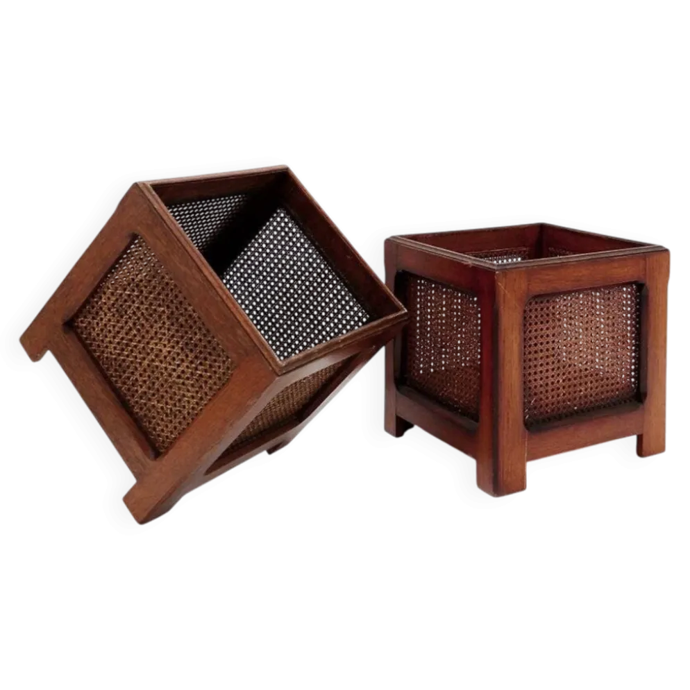Paire de jardinières vintage en bois et panneaux de rotin tressé - années 1970