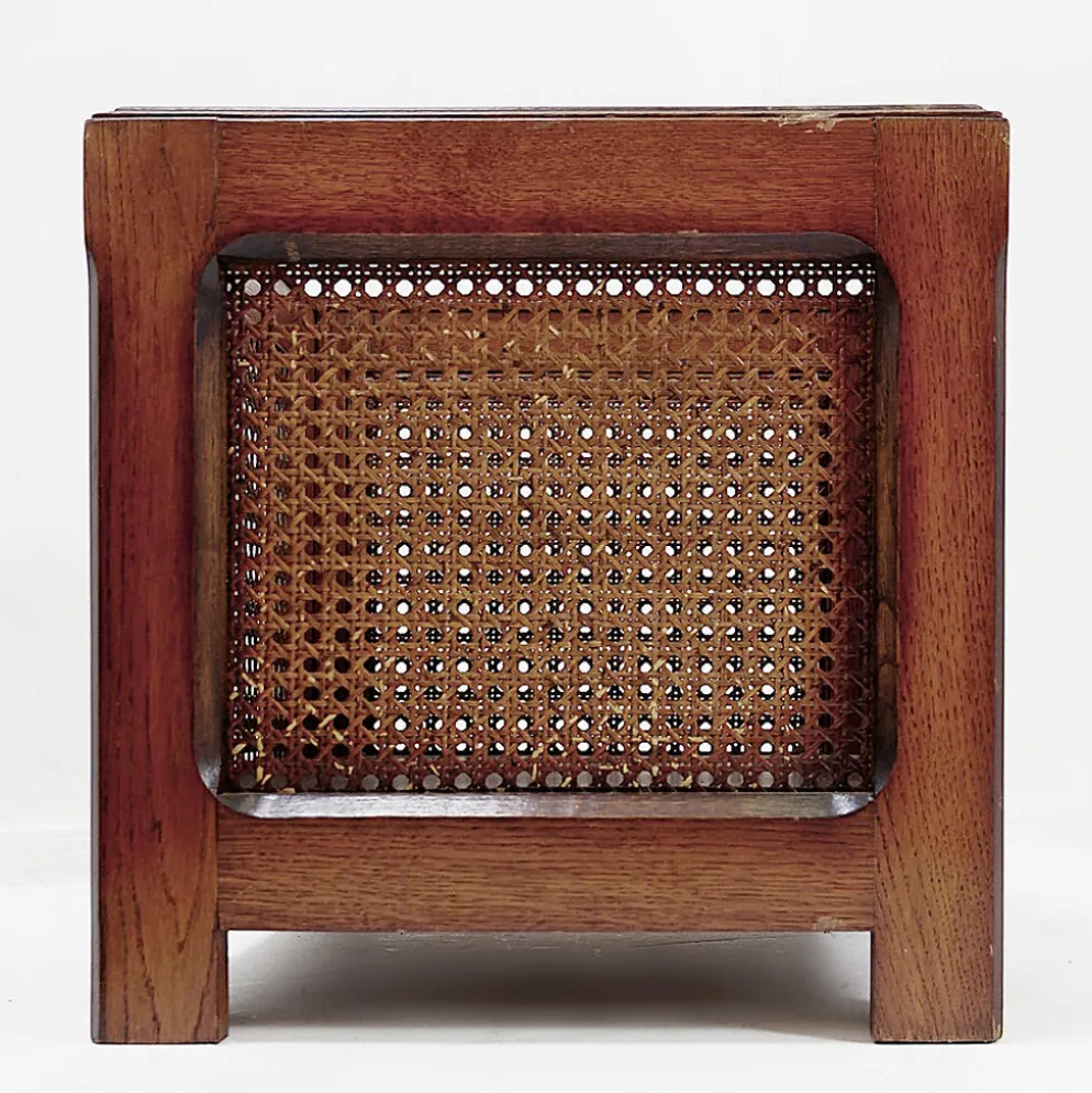 Paire de jardinières vintage en bois et panneaux de rotin tressé - années 1970