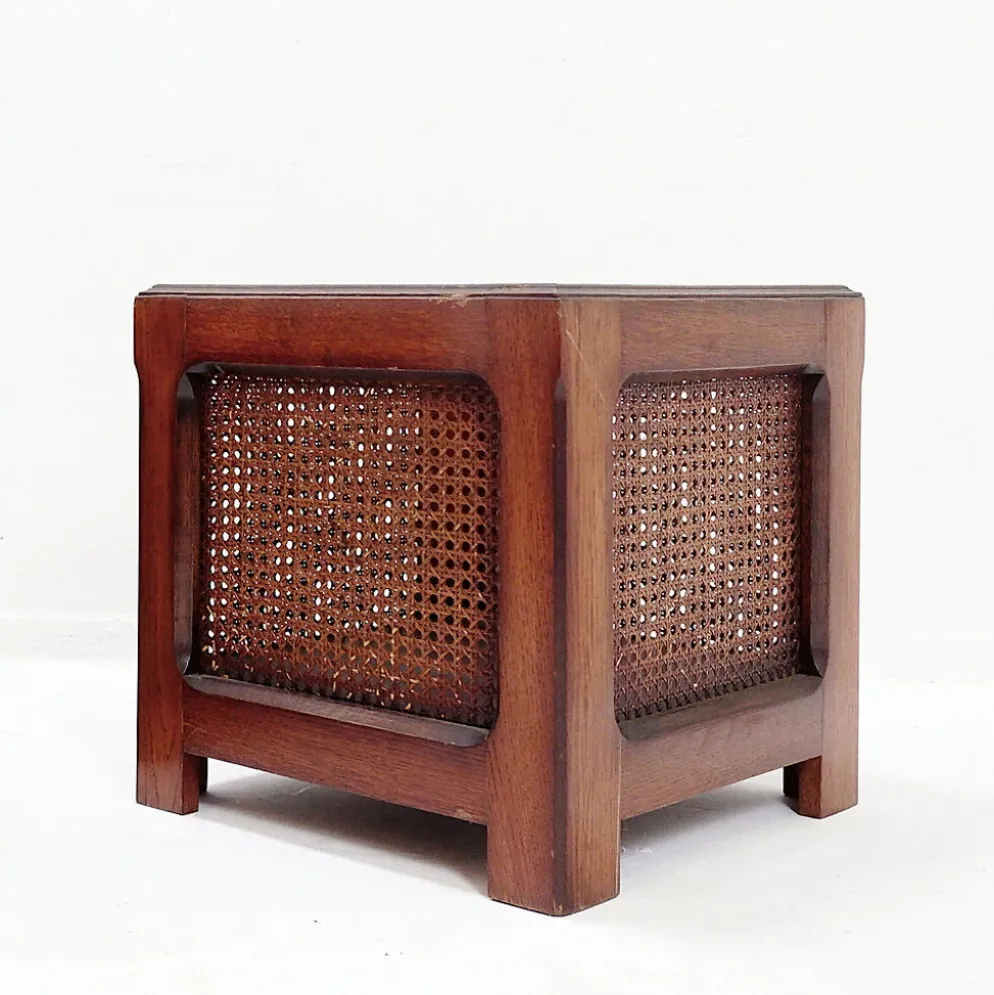 Paire de jardinières vintage en bois et panneaux de rotin tressé - années 1970