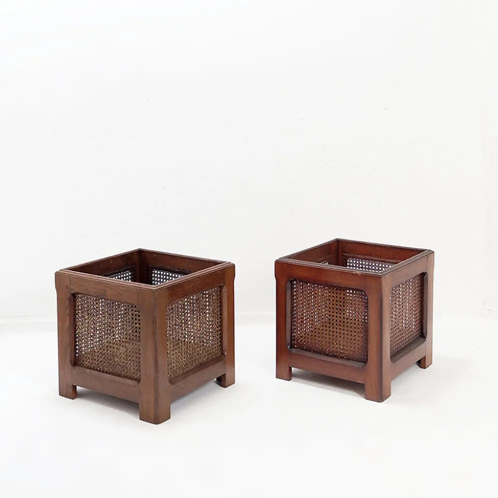 Paire de jardinières vintage en bois et panneaux de rotin tressé - années 1970