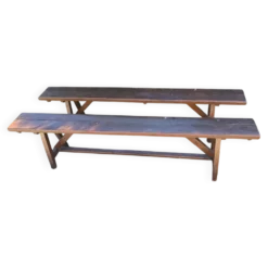 Paire de longs bancs anciens rustiques en bois massif – 195 cm
