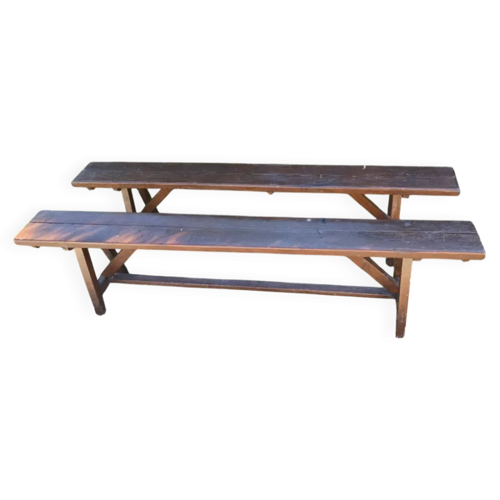 Paire de longs bancs anciens rustiques en bois massif – 195 cm