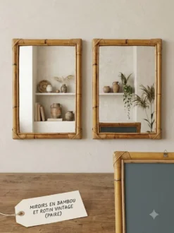 Paire de miroirs vintage en bambou et rotin