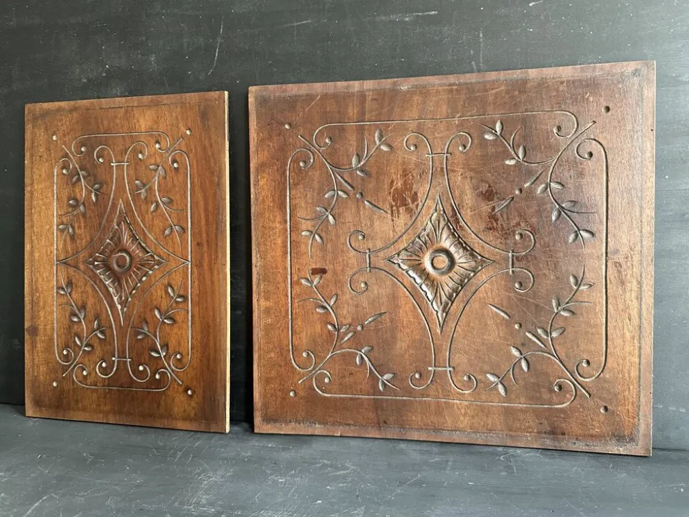 Paire de panneaux décoratifs anciens en bois sculpté, fin XIXe siècle