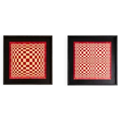 Paire de panneaux en marqueterie de paille rouge et or. Contemporain.