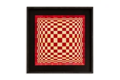 Paire de panneaux en marqueterie de paille rouge et or. Contemporain.
