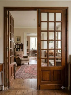 Paire de portes de séparation en chêne petits carreaux XXe