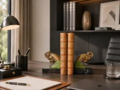Paire de serre-livres Art Déco têtes de bélier, métal patiné et marbre noir