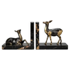 Paire de serre-livres biches en marbre noir et métal doré – Style Art Déco