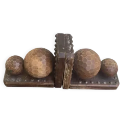 Paire de serre livres boules, en bois et metal, cisèles, vintage
