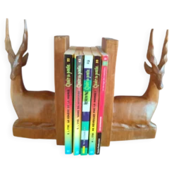 Paire de serre-livres cerfs vintage en chêne massif
