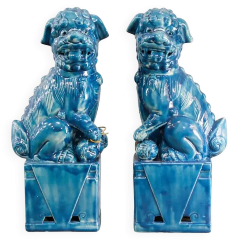Paire de serre-livres chiens Foo en céramique émaillée turquoise, Manises
