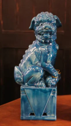 Paire de serre-livres chiens Foo en céramique émaillée turquoise, Manises