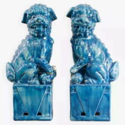 Paire de serre-livres chiens Foo en céramique émaillée turquoise, Manises