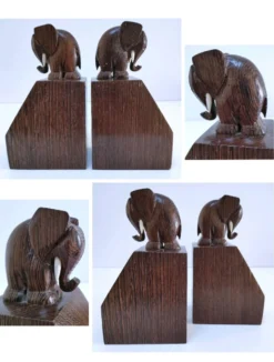 Paire de serre-livres éléphants stylisés bois massif