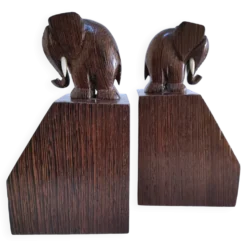 Paire de serre-livres éléphants stylisés bois massif
