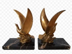 Paire de serre-livres oiseaux dorés sur marbre veiné – Mid-Century vintage