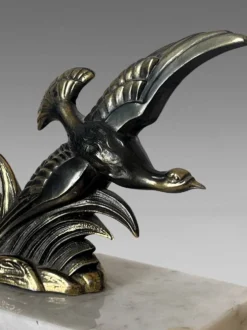 Paire de serre-livres oiseaux vintage en métal doré et marbre – Art déco