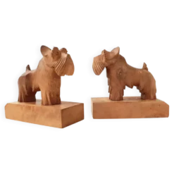 Paire de serre-livres vintage chiens en bois, années 50-60