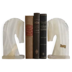 Paire de serre-livres vintage en onyx blanc – Têtes de cheval