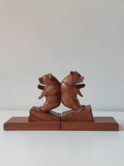 Paire de serre-livres vintage en bois sculpté à la main, décor ours