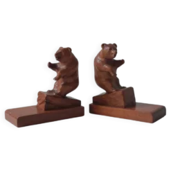 Paire de serre-livres vintage en bois sculpté à la main, décor ours