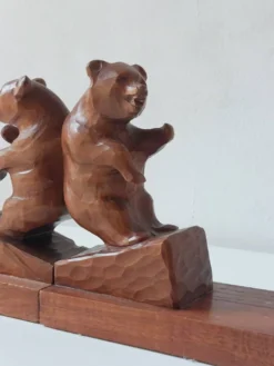 Paire de serre-livres vintage en bois sculpté à la main, décor ours