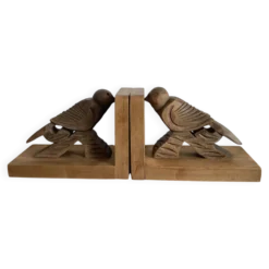 Paire de serres livres art déco en bois sculptés oiseaux