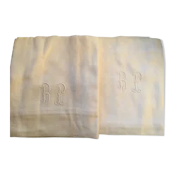 Paire de serviettes anciennes monogrammes blanches