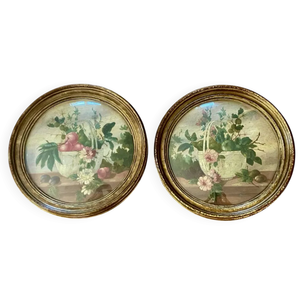 Paire de tableaux, natures mortes fruits et fleurs