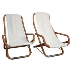 Paire de transats pliants bambou et laiton, Italie, années 60