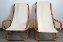 Paire de transats pliants bambou et laiton, Italie, années 60