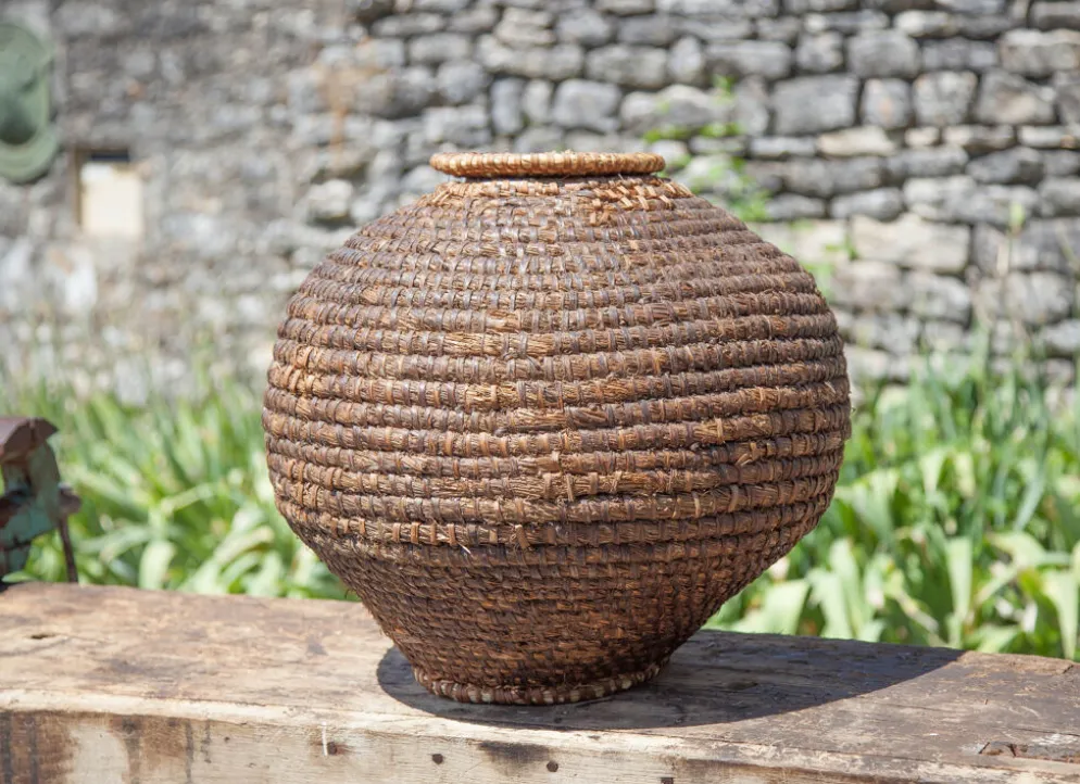 Panier ancien avec couvercle, bourgne paille et ronce, panier tressé, décoration intérieur
