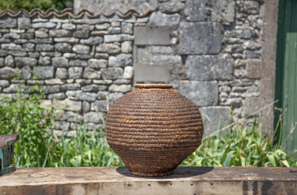 Panier ancien avec couvercle, bourgne paille et ronce, panier tressé, décoration intérieur