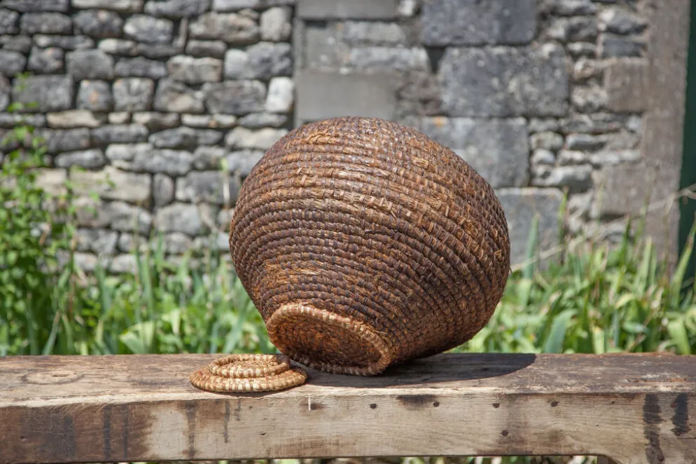Panier ancien avec couvercle, bourgne paille et ronce, panier tressé, décoration intérieur