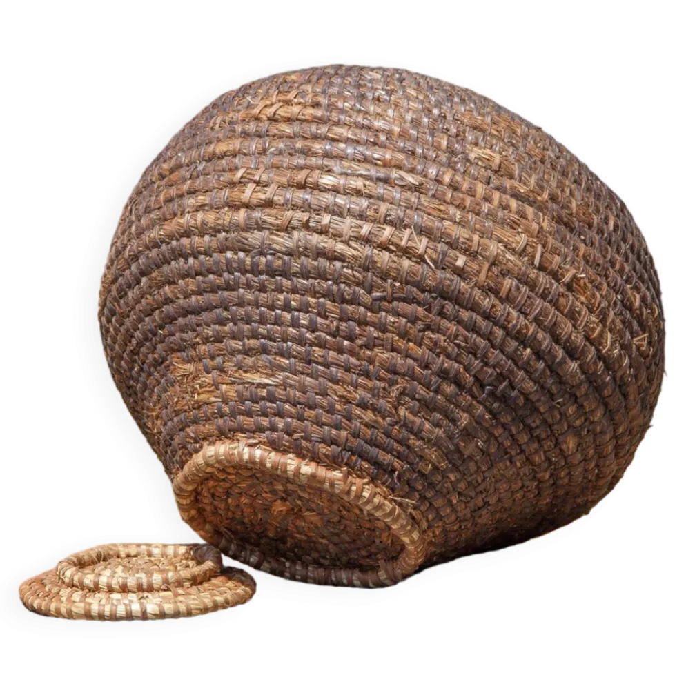 Panier ancien avec couvercle, bourgne paille et ronce, panier tressé, décoration intérieur
