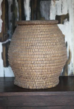 Panier ancien avec couvercle, bourgne paille et ronce, panier tressé, décor