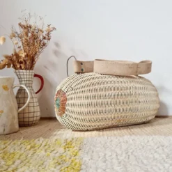 Panier ancien, besace en osier tressé - art populaire