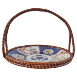 Panier ancien Imari en porcelaine du Japon et rotin tressé - Ère Meiji