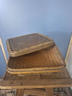 Panier chinois ancien en bambou tressé à couvercle — XIXe/XXe siècle