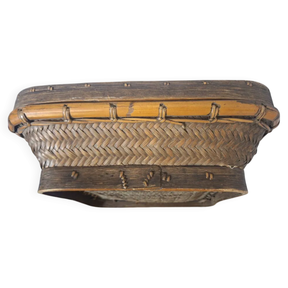 Panier chinois ancien en bambou tressé à couvercle — XIXe/XXe siècle