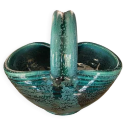 Panier céramique vintage Accolay turquoise Signé Tête de Taureau X.C