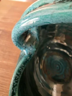 Panier céramique vintage Accolay turquoise Signé Tête de Taureau X.C