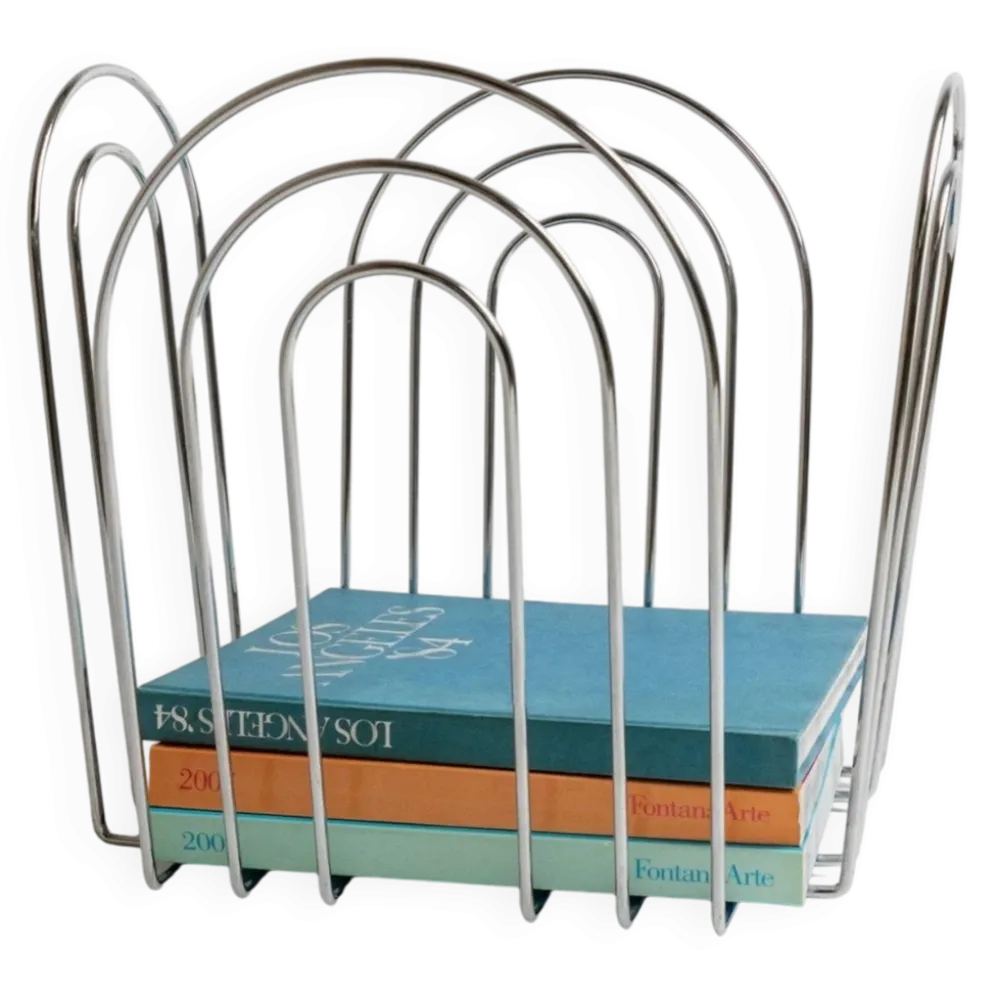 Panier en métal chromé vintage au design Space Age des années 1980 – rangement argenté pour magazines, couvertures, 37x42x34 cm