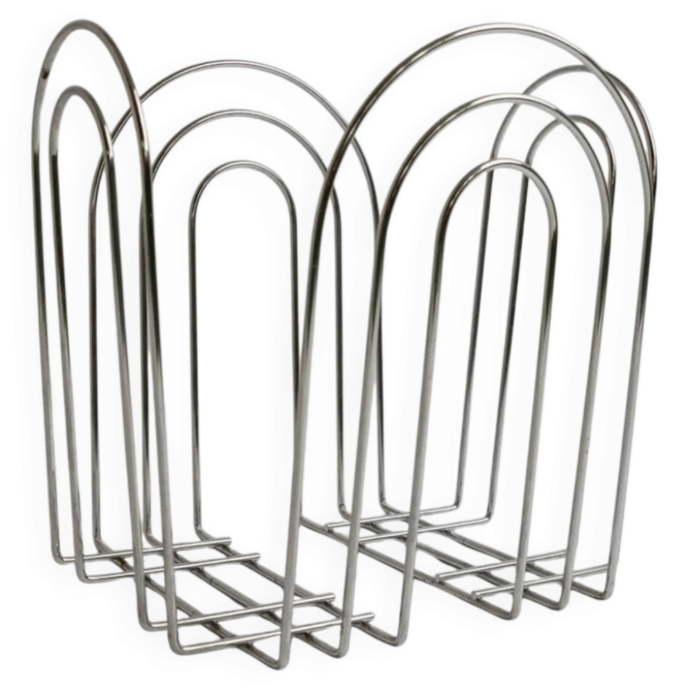 Panier en métal chromé vintage au design Space Age des années 1980 – rangement argenté pour magazines, couvertures, 37x42x34 cm