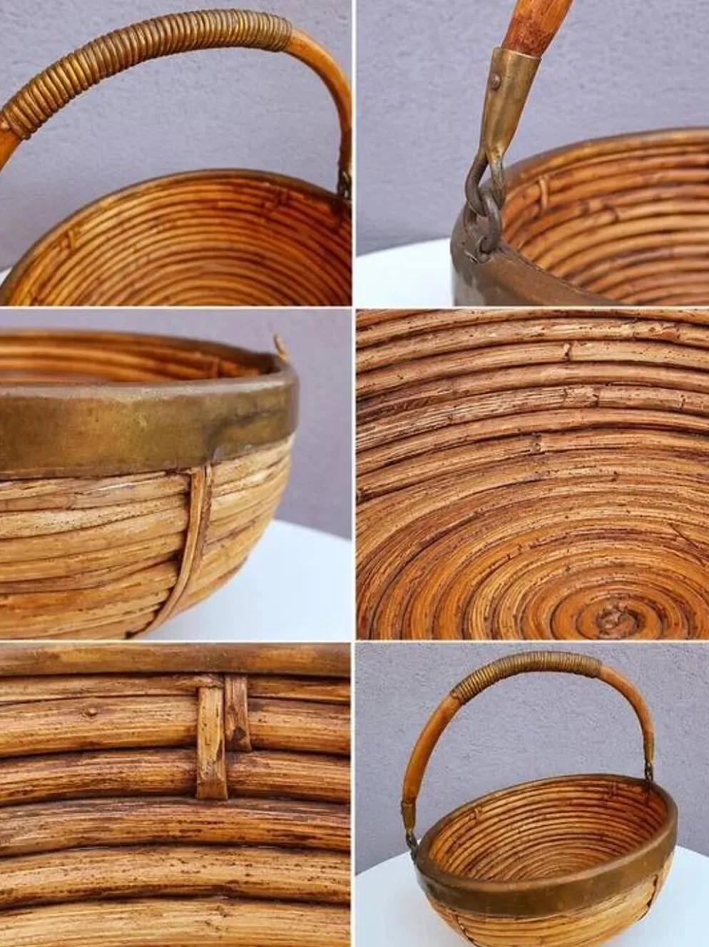 Panier en rotin et laiton 1970
