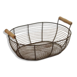 Panier ovale en métal grillagé avec poignées en bois