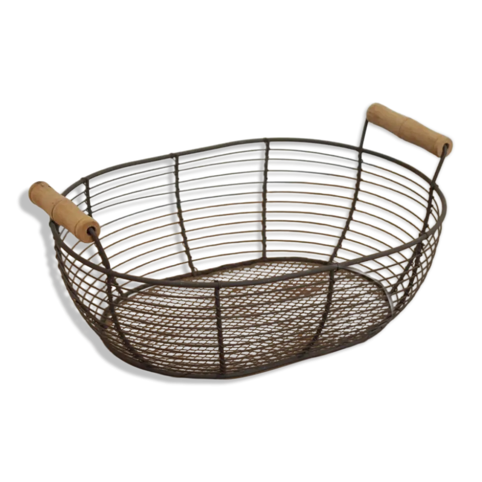 Panier ovale en métal grillagé avec poignées en bois