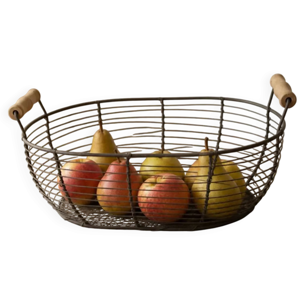 Panier ovale en métal grillagé avec poignées en bois