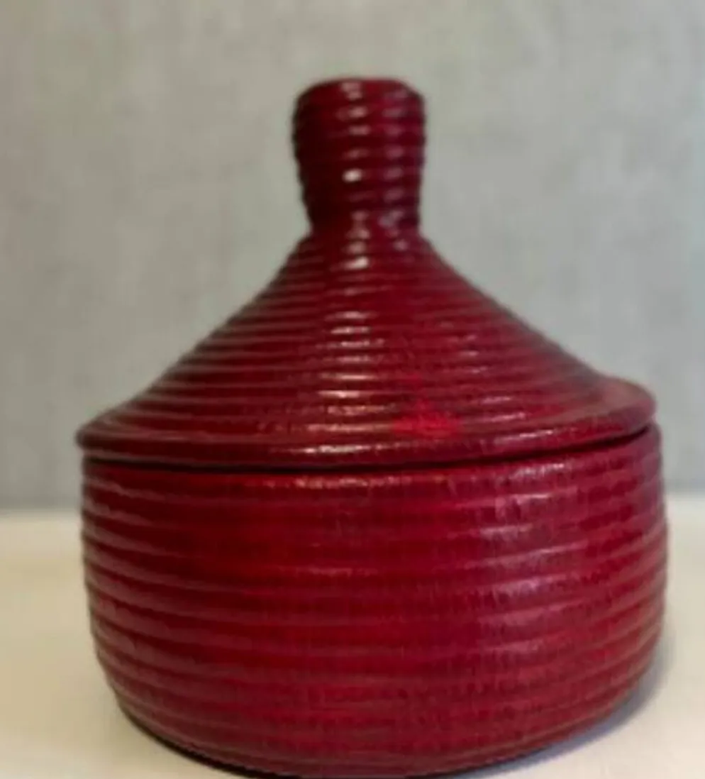 Panier Touareg cuir et osier rouge